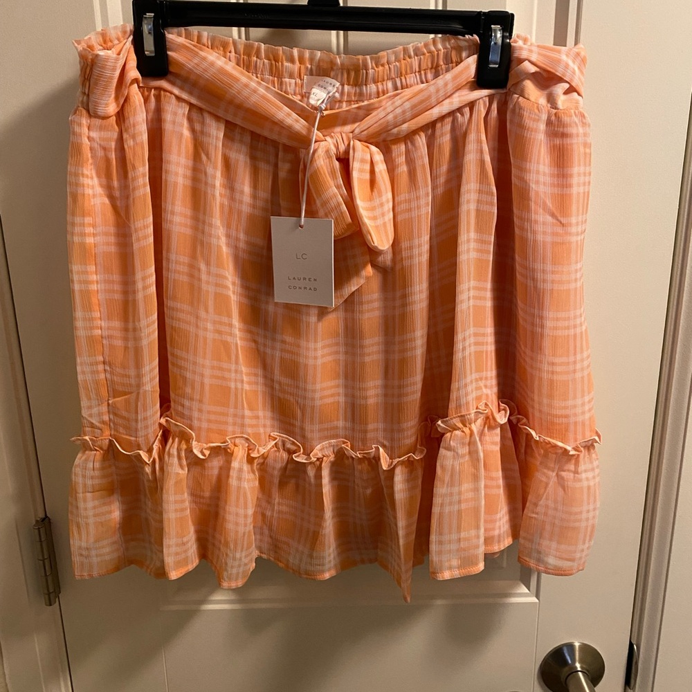 NWT LC Lauren Conrad XL Skirt Peach White Mini Lined Ribbon Tie Plaid